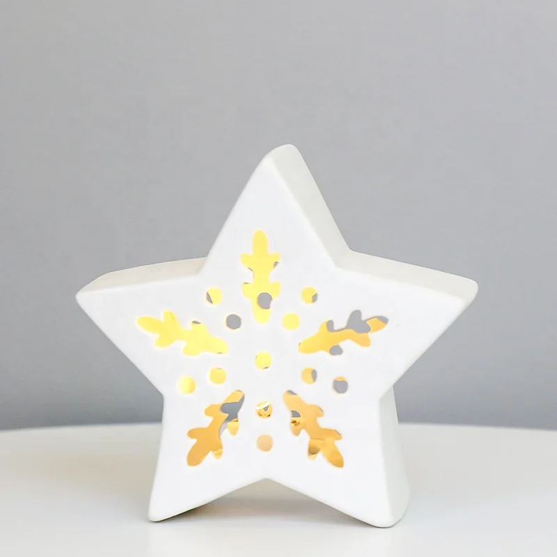 Scandinavian style ceramic pentagram Christmas ornament, LED lights hollow design crafts ceramic decoration