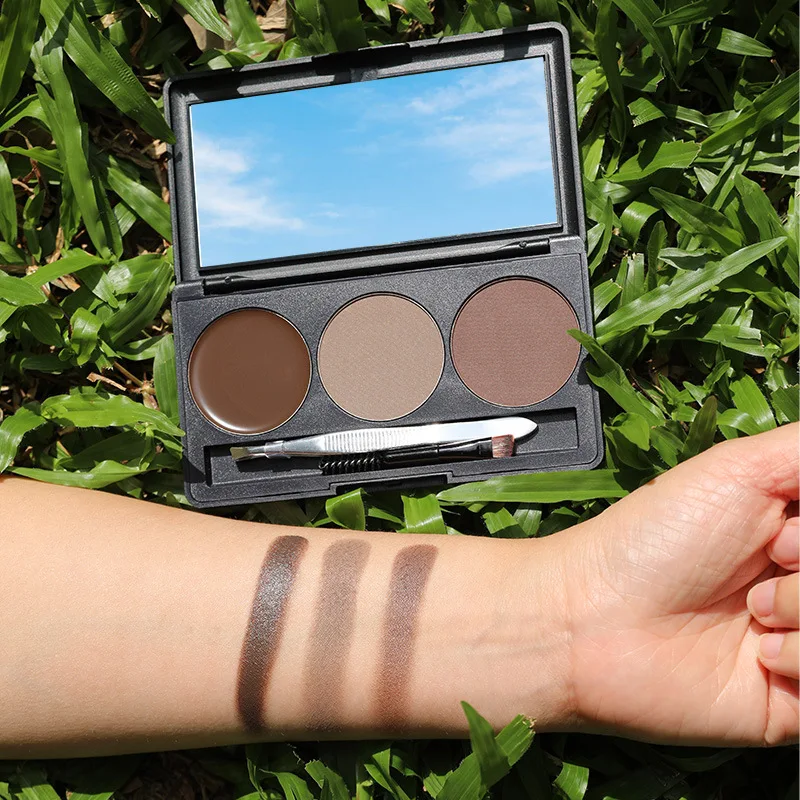 OEM 3 colors pressed waterproof long lasting cosmetic private label brown eyebrow powder palette eyebrow brush