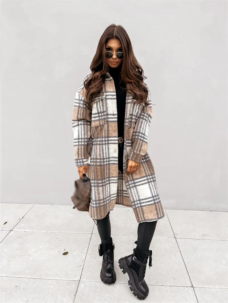 Autumn winter coats for women 2021 lapel pocket long plaid shirt jacket coat woolen fleece plaid long coats brown for women