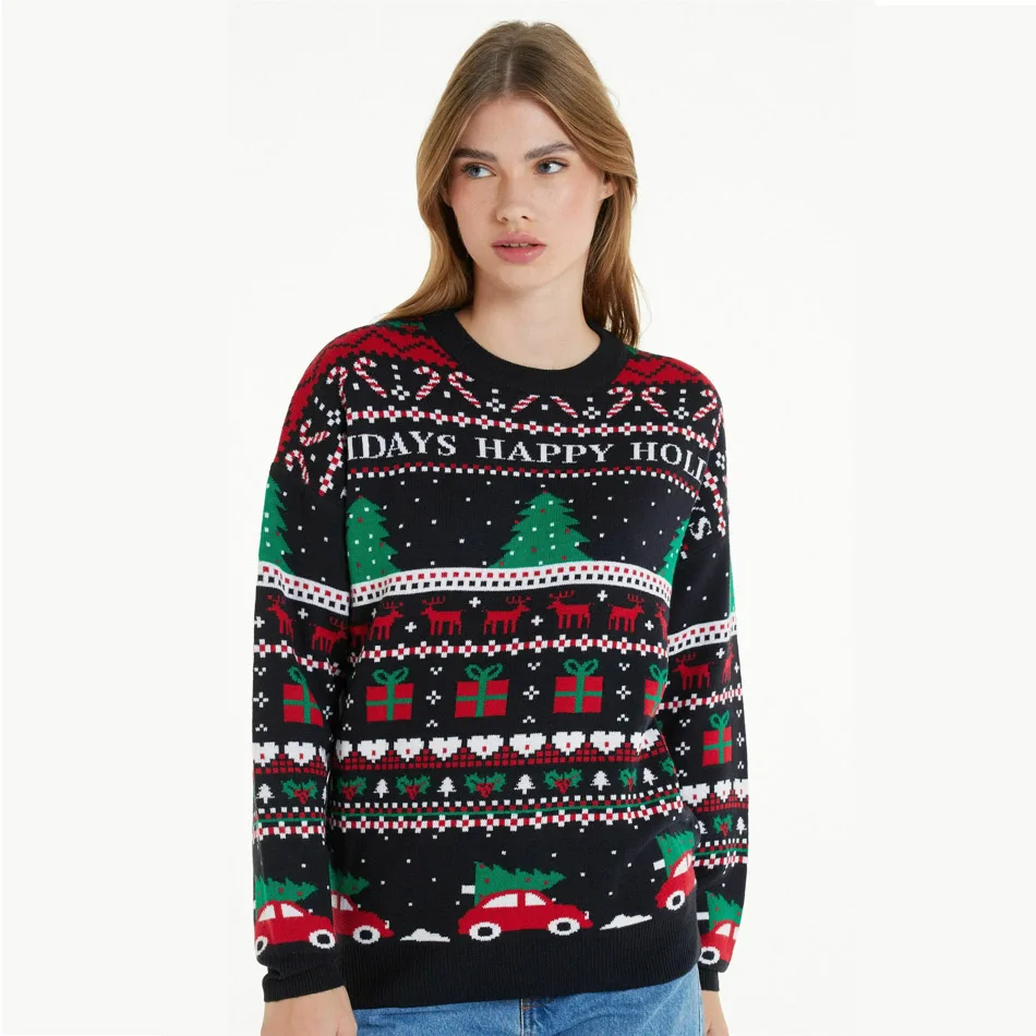 Custom FNJIA Fall Winter Jacquard  Christmas Knitted Style Thick Black Red Color Oversize Pullover Jumper Knitwear Sweater