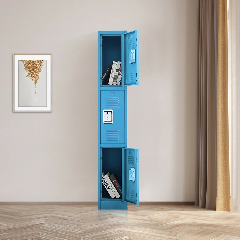 Заводская оптовая продажа, вертикальный шкаф для хранения, 3 двери, синий металлический шкафчик, замок для ключей, шкафчики