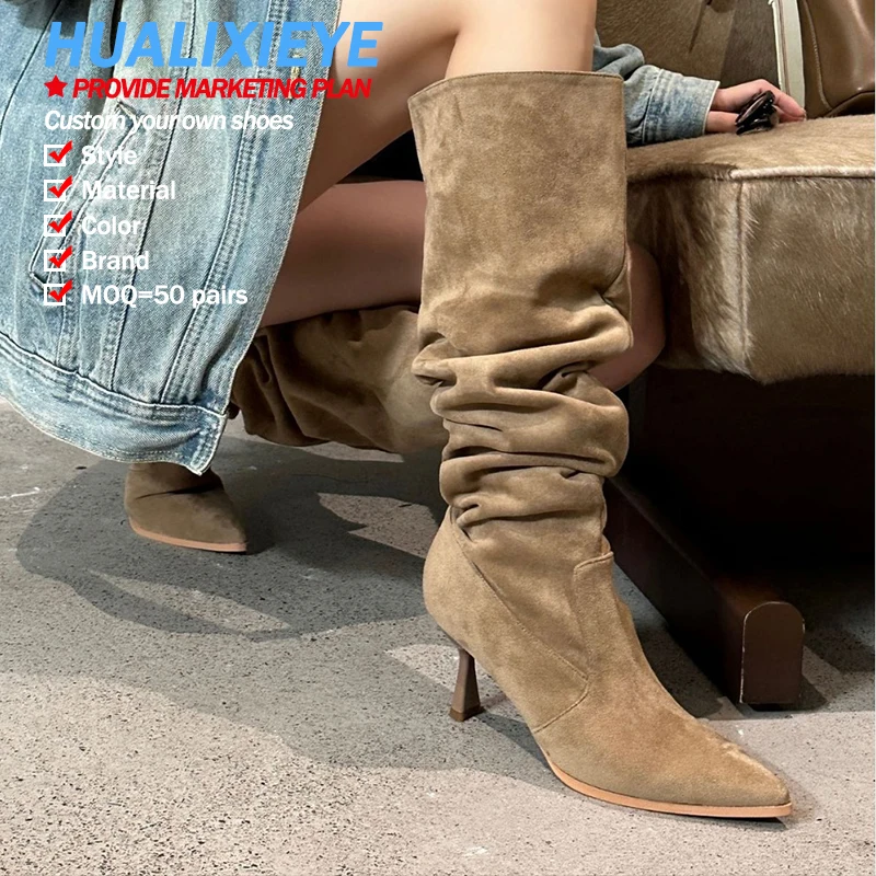 Factory Custom wholesale new 2024 autumn winter suede Khaki knee boots pointed toe thin heel Heaps long boots for women