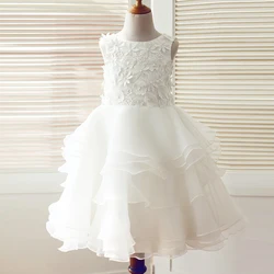 Cheap Quality White 3D Flower Puffy Kids Dress Lace Flower Girl Dress for Wedding