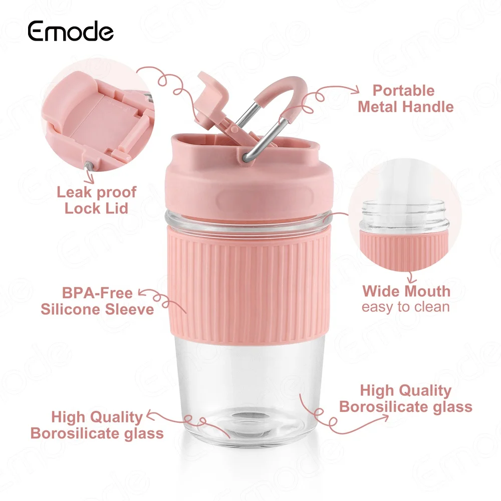 Emode 12oz Glass Cup with Lock Handle Lid Nonslip Sleeve Reusable Drinking Glass Thick Insulated Glass Cup,Smoothie Tumbler