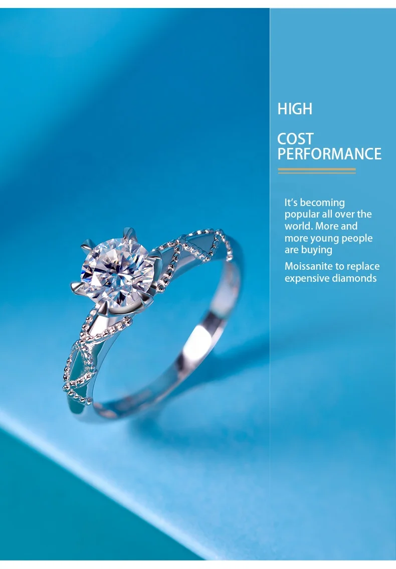 Hot Selling White DEF Color 925 Silver Stunning 1ct Gem Stone Moissanite Jewelry Ring