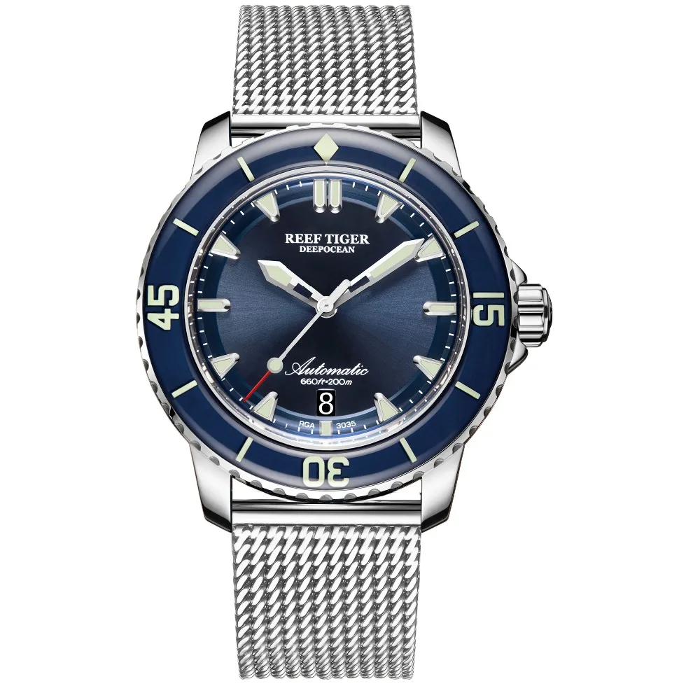 
Reef Tiger Top Brand Mens Mechanical Dive Watches Sapphire Crystal Bracelet Watches Blue Luminous Watch Waterproof RGA3035 