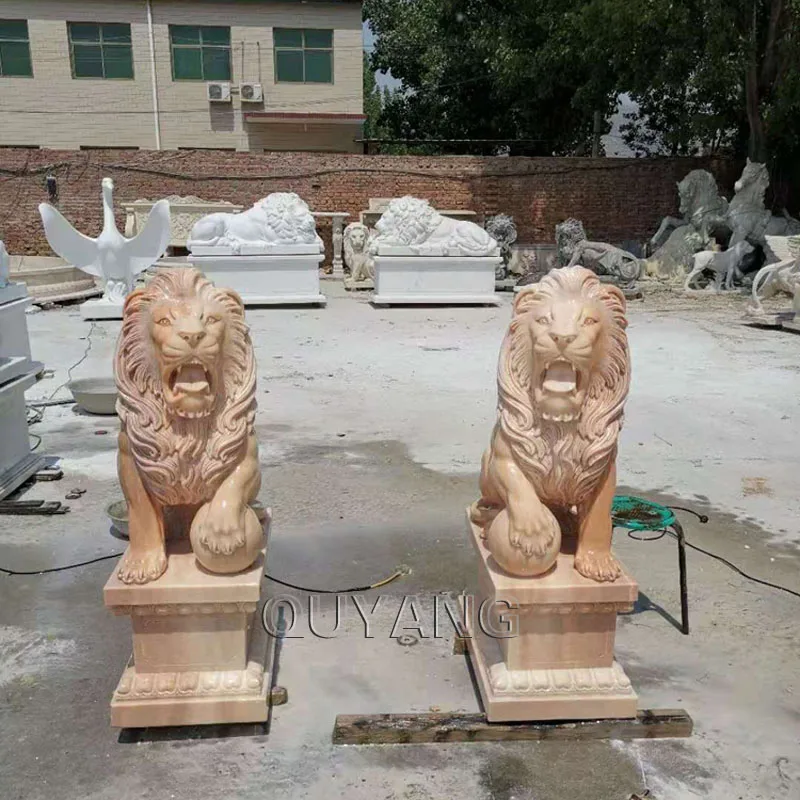 QUYANG Life Size Hand Carved White Marble Animal Sculpture Stone Carving Resting Lion Statue