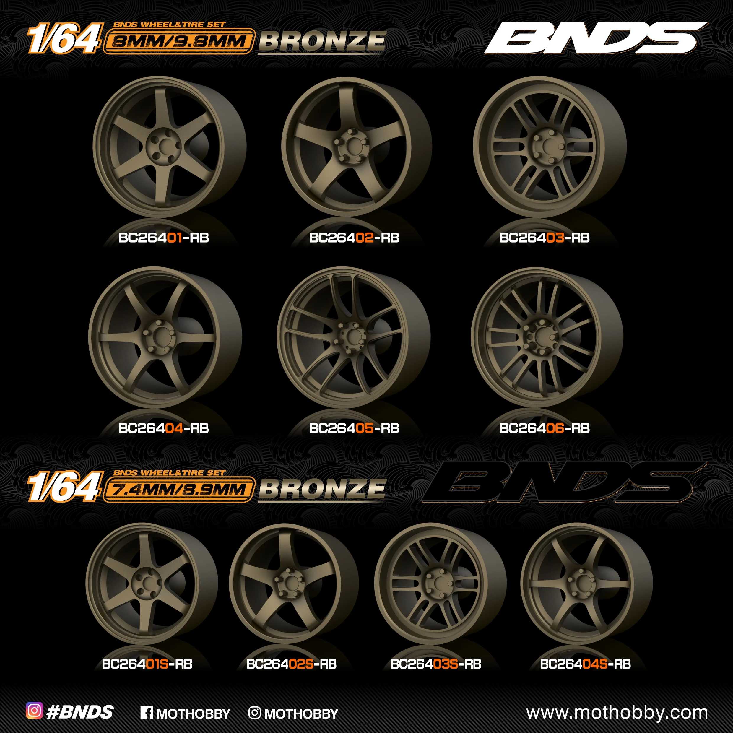 BNDS Wheels and Tires 10 Sets Per Box 1/64 8mm & 8.9mm for 1:64 Diecast Model Car Tomica Hotwheels Modified Parts Toys Gift