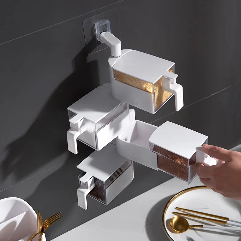 Rotating Condiment Bottles kit Kitchen Salt Seasoning Jar wall mounted seasoning box With cover and spoon