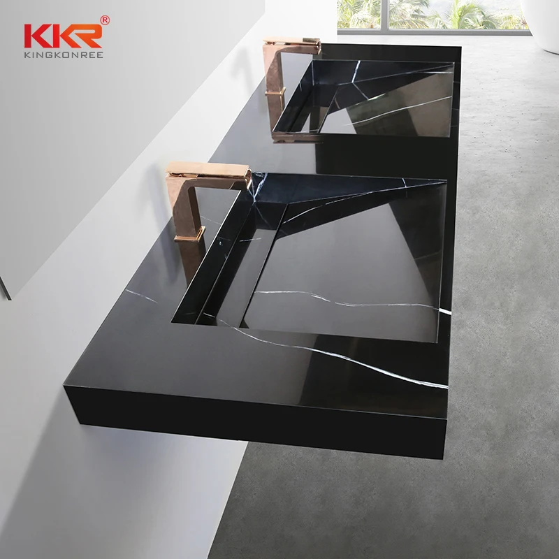 Custom Made Wash Basin Wall Mount Resin Rectangular Marble Veining Sink