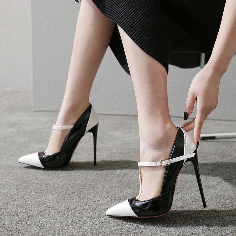 
Fashion Patchwork Pointed Toe Banquet Sexy T Strap Thin Heels Pumps for Ladies 