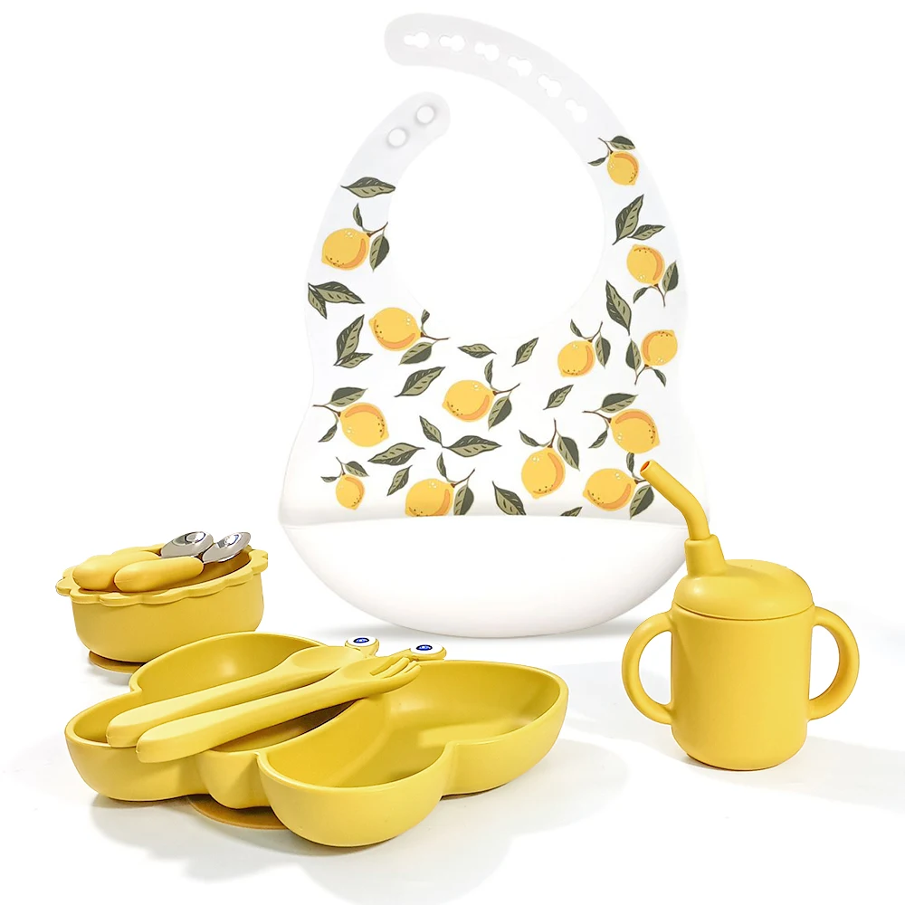 EU CE LFGB Standard Silicone Baby Plate Custom Logo Dinner Plato 100% Food Grade Plain Color Butterfly Plato With Cutlery