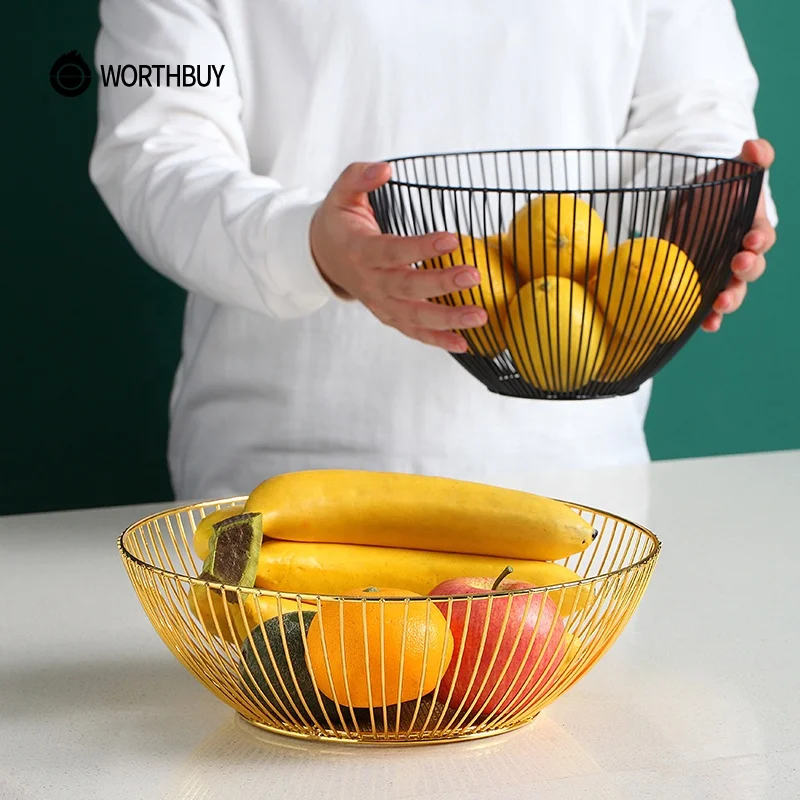 WORTHBUY Countertop Food Container Large Round Storage Baskets for Kitchen Gold Metal Iron Wire Mesh Fruit Basket Bowl