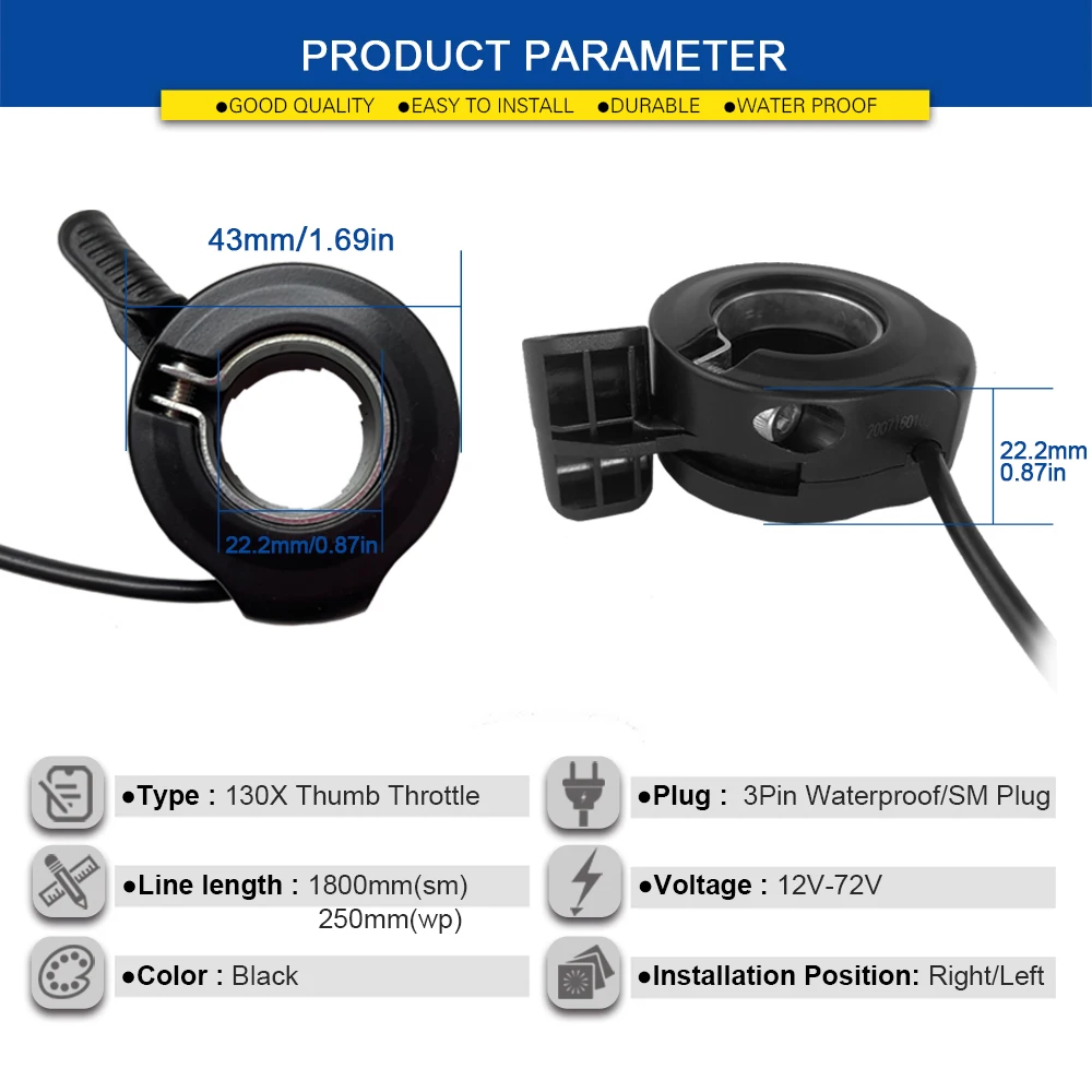 Electric Scooter Bicycle 130X Thumb Throttle ebike 3 Pin Waterproof SM Connector