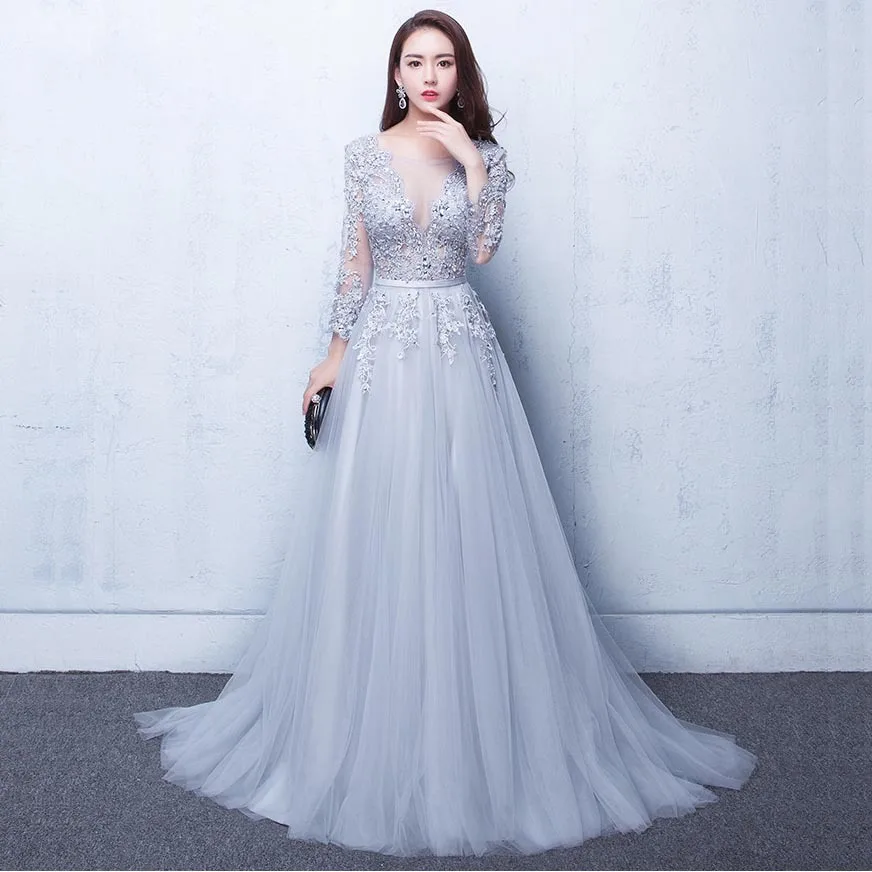 Plus Size Custom Made Size/Color Beaded Lace A Line Cheap Chinese Long Sleeve Bridesmaid Dresses