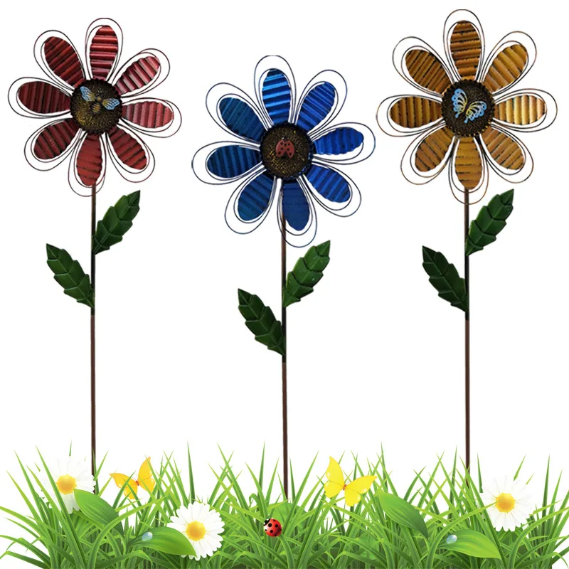 Flower With Insects Windmill Metal Rotating Flower Windmill With Stake Standing Lawn Flower Pinwheel Outdoor Garden Stakes Decor
