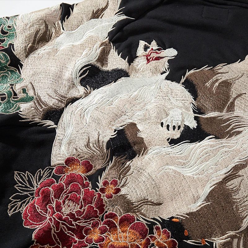 Japanese Style Yokosuka Ukiyo-e Embroidery Nine-tailed Fox Personality Plus Velvet Hooded
