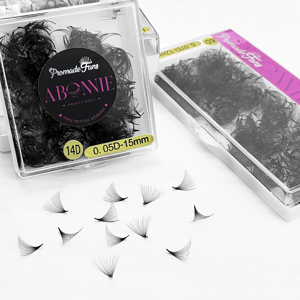 Abonnie Customized 0.03 Cashmere Promade Volume Lashes Fan 1000 Wispy Long Stem Premade Fan Eyelash Extension Loose Promade Fans