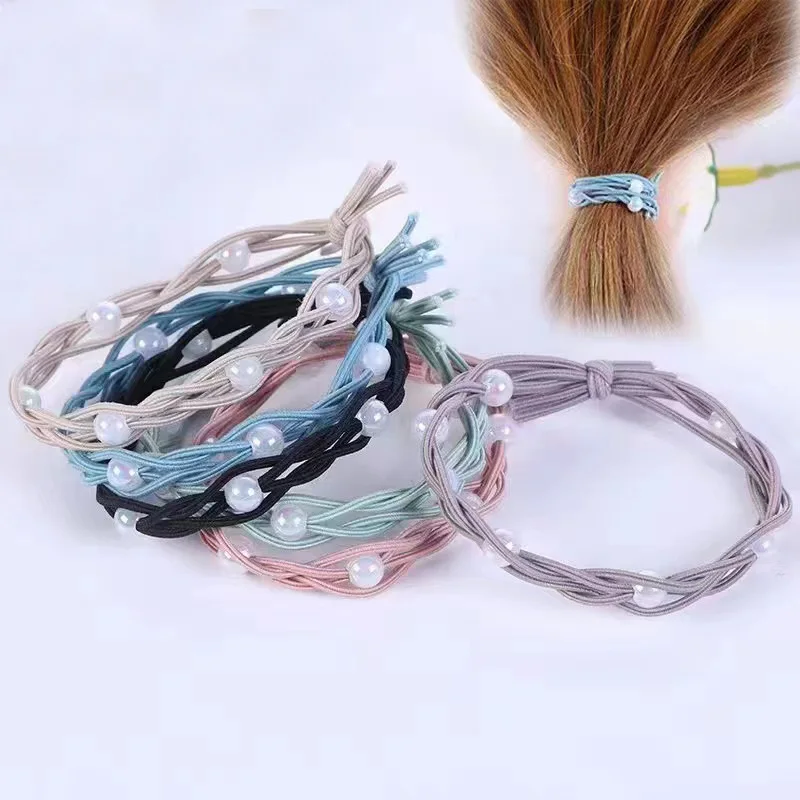 Four Cords Crochet Elastic Hair Bands with White AB Pearl Beads Elasticity Hair Ties Women Scrunchies Ponytail Holders