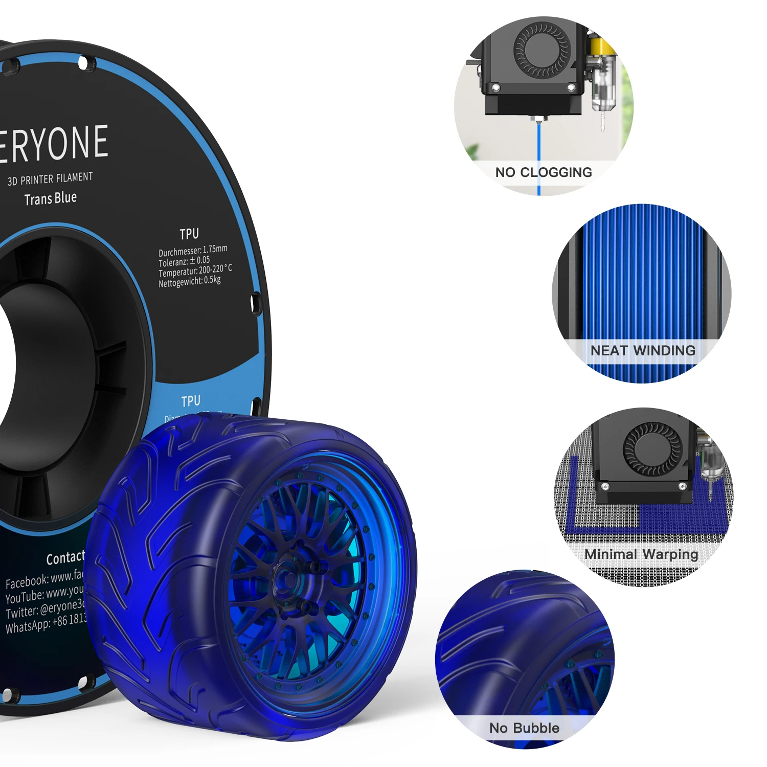 Eryone Hot Selling  1.75mm 3D Printing TPU Printer Filament Flexible and Soft 0.5KG TPU Filament