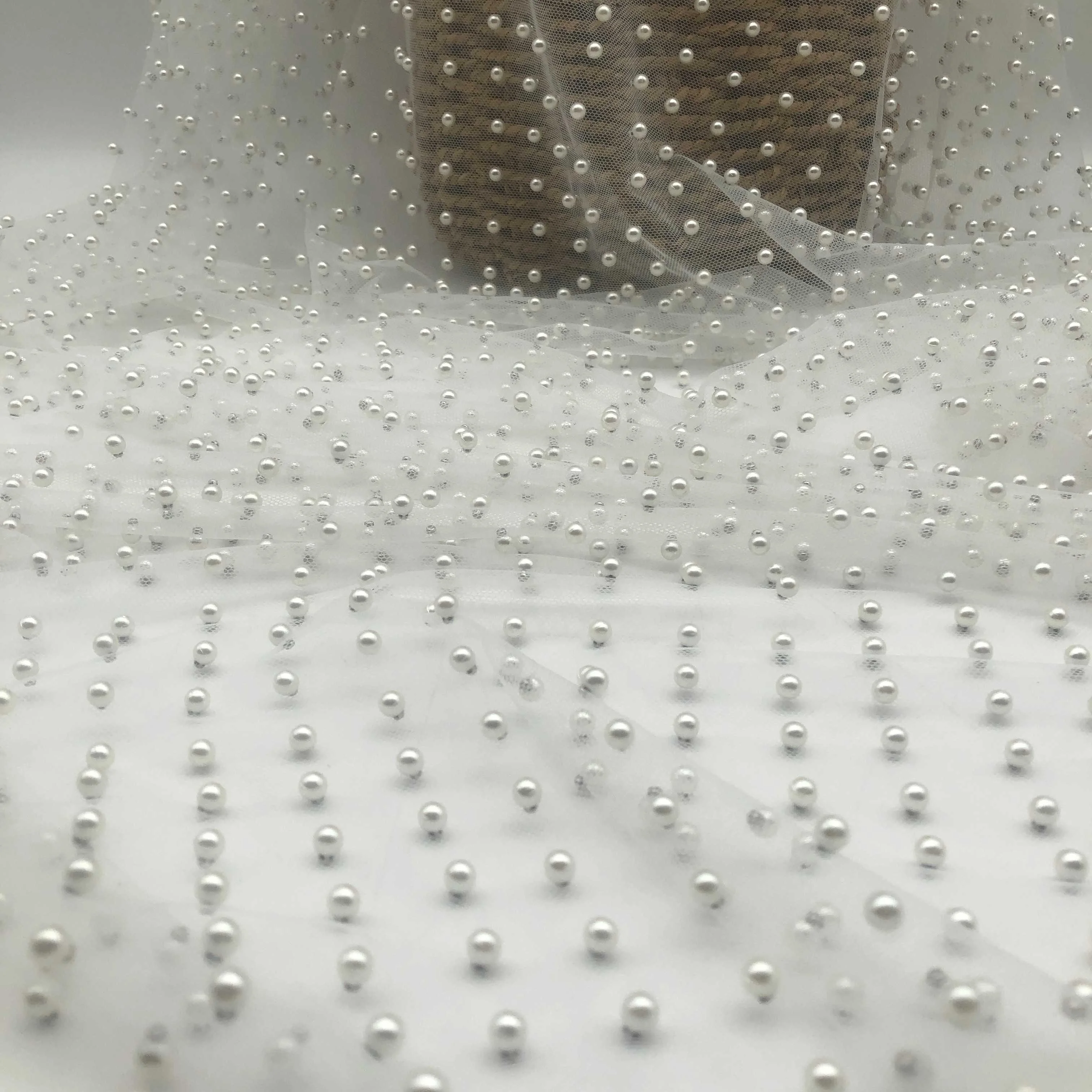 Good Quality Heavy Beaded Bridal 450Gsm Weave Tulle Manufacturer Pearl Net Material Fabric Sequence Pearl Beaded White Lace
