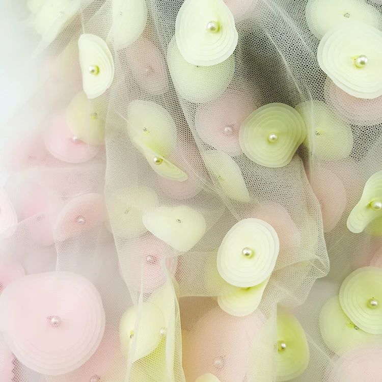 Elegant 3d flower lace embroidered fabric with pearls 100% polyester mesh embroidery fabric for dress