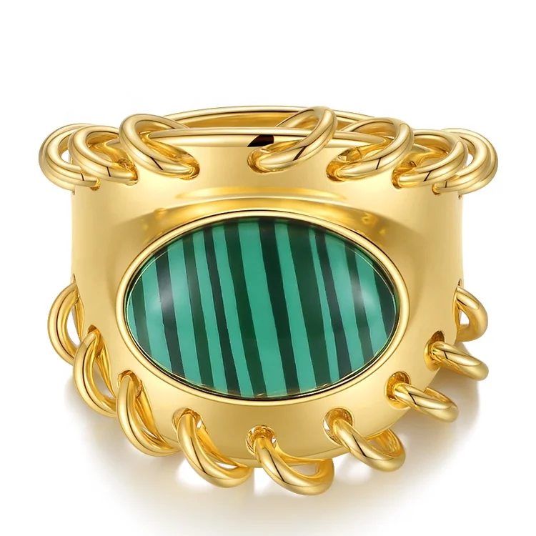 Latest High Quality 18K Gold Plated Brass Jewelry Malachite Metal Charm Natural Stone Accessories Ring R214105