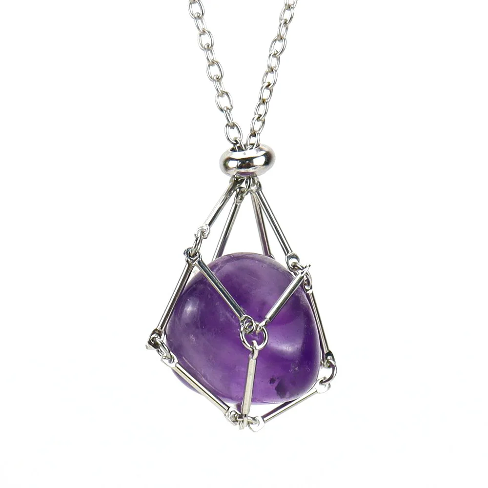 Statement Stainless Steel Silver Wire Wrap Bamboo Mesh Net Macrame Healing Natural Gem Stone Crystal Necklace for Men Women