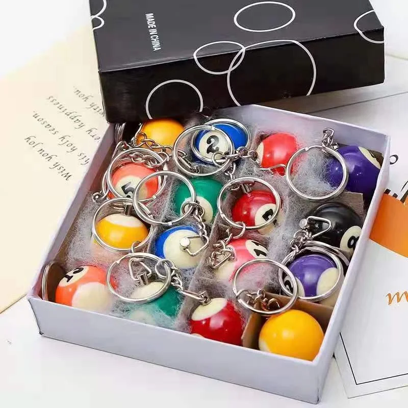 YW 16pcs/set Mini Billiards Shaped Keyring Assorted Colorful Billiards Pool Small Ball Keychain Creative Hanging Decorations