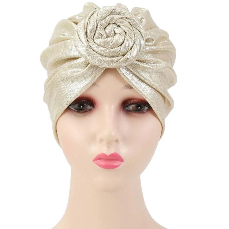 Women Turban African Pattern Headwrap Solid Pretied Flower Knot Bonnet Hat for Women Girls New Fashion Wholesale Gold Silver
