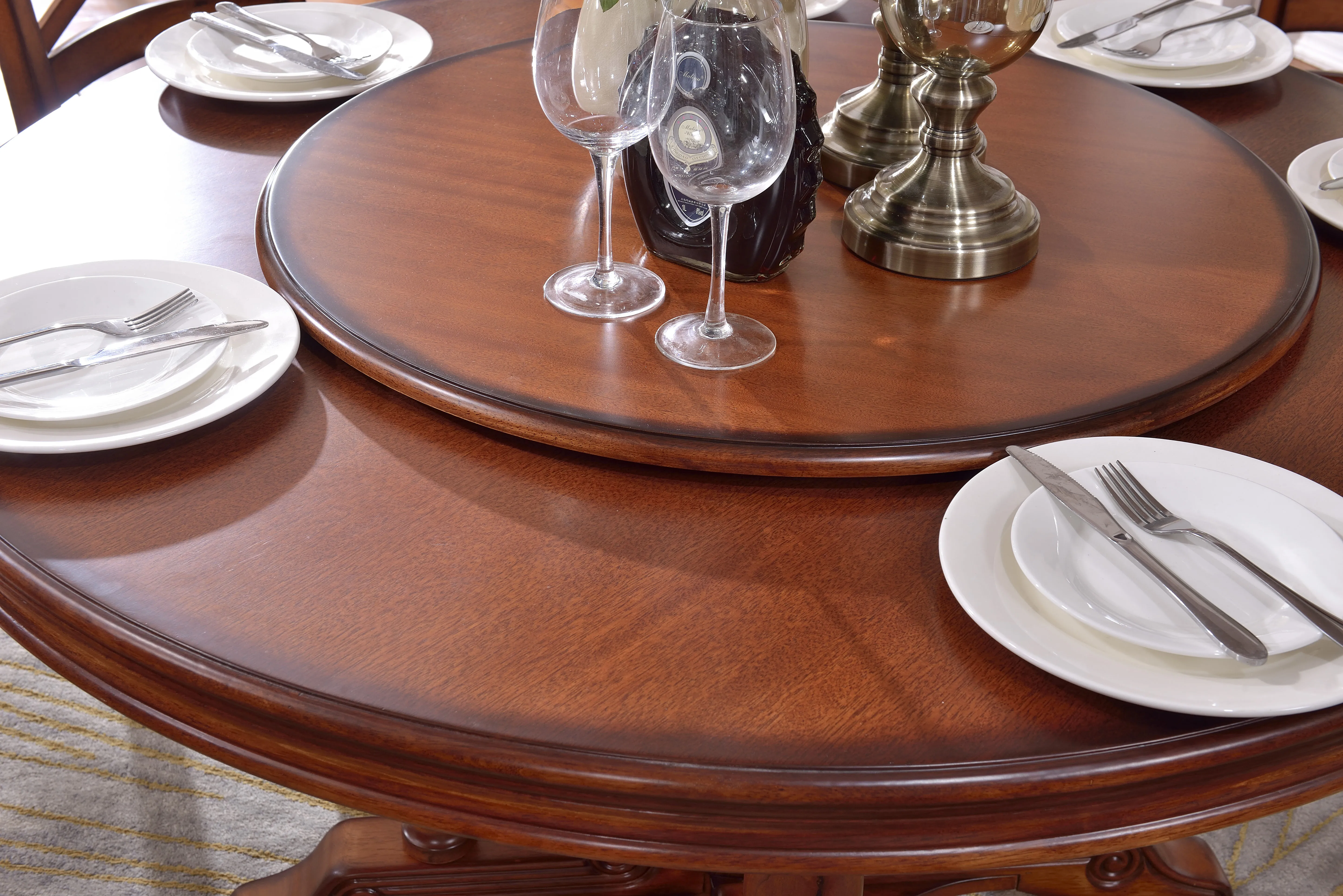 American Classical Style Luxury Wooden Round Rotatable Solid Wood  Dining Table Home Restaurant Furniture