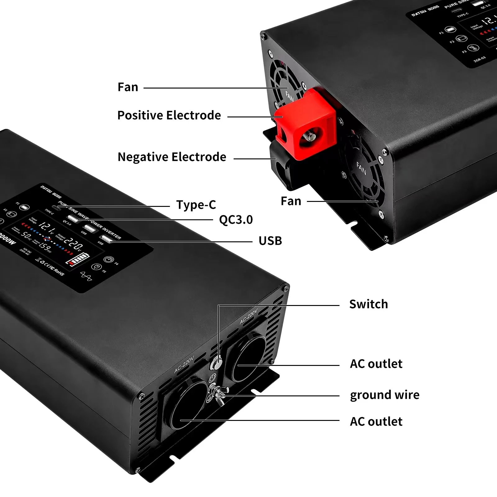 4000W Solar Inverter DC 12V 24V 36V 48V 60V to AC 220V 230V Inverter Continuous Power 2000W Pure Sine Wave Inverter