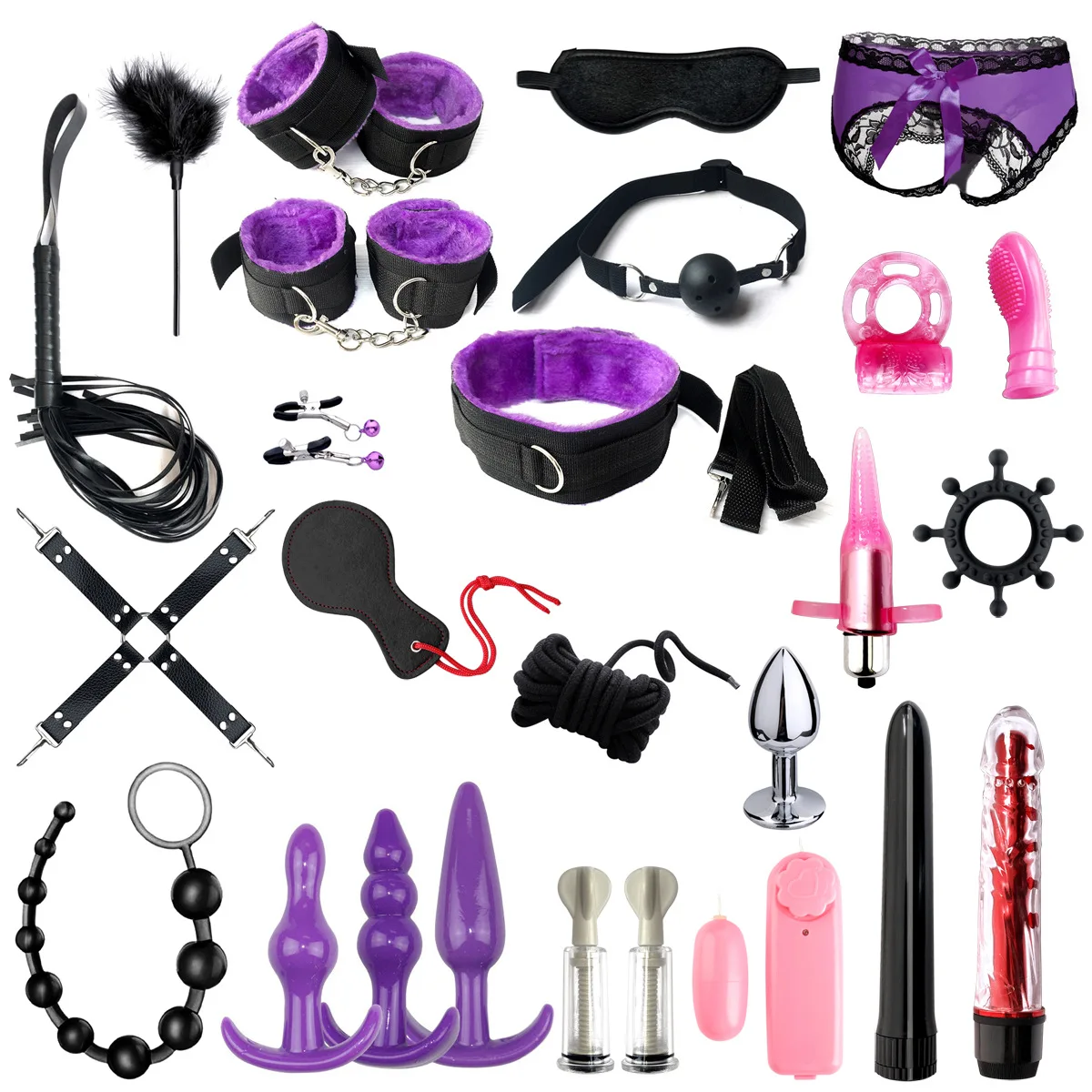 26pcs Bondage Kit For Couple Beginners Bondage Sm Slave Passion Fetish Bed Restraints Bdsm Handcuffs Gag Mask Whip Collar Sex