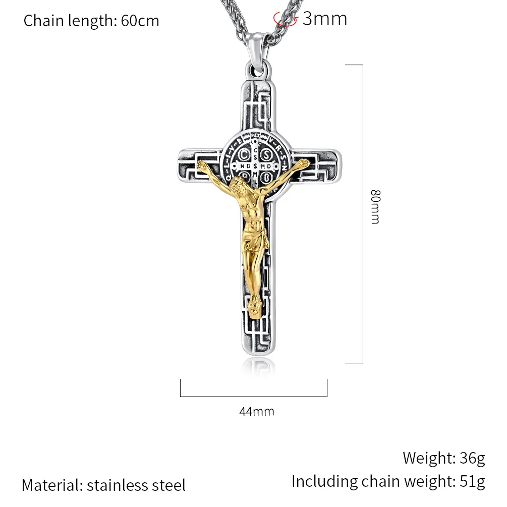 Vintage Punk Stainless Steel Two Tone St Benedict Jesus Big Pendant Necklace Women Men Religious Christian Gift Jewelry