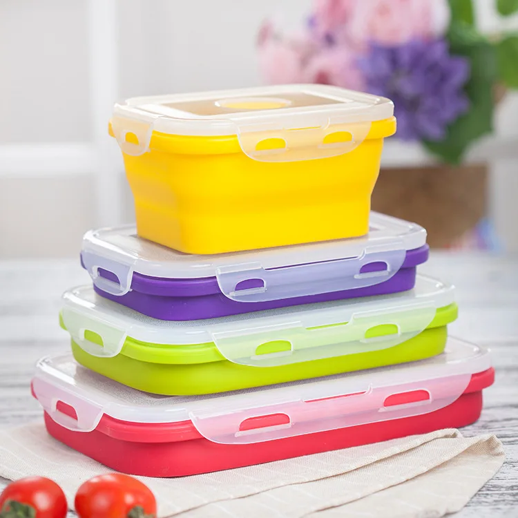 Bento Box Folding Collapsible Container With Lid Reusable Square Round Rectangle Food Bento Foldable Silicone Lunch Box For Kids