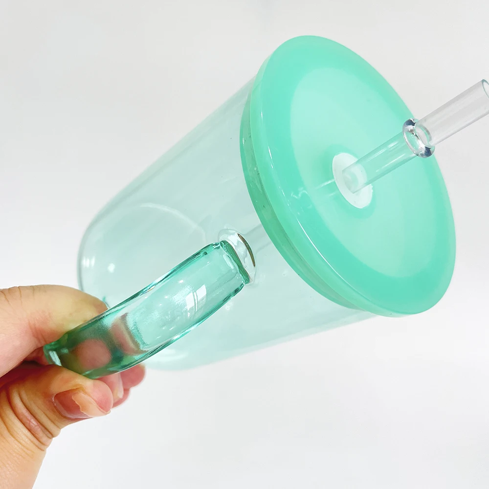 wholesale bulk 17oz Jelly Glass Camper Mug with colored pp lid Tea Milk Beer Crystal clear sublimation glass mug with pp lid