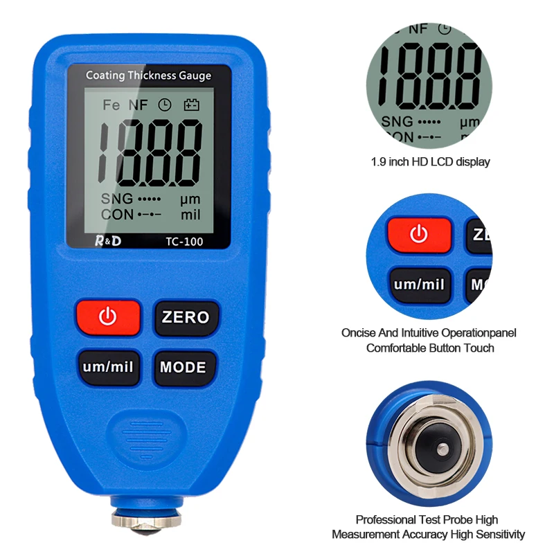 R&D TC100 Car Paint Tool Coating Thickness Gauge for Car 0-1300 Car Paint Film Thickness Tester Measuring Auto FE/NFE Blue