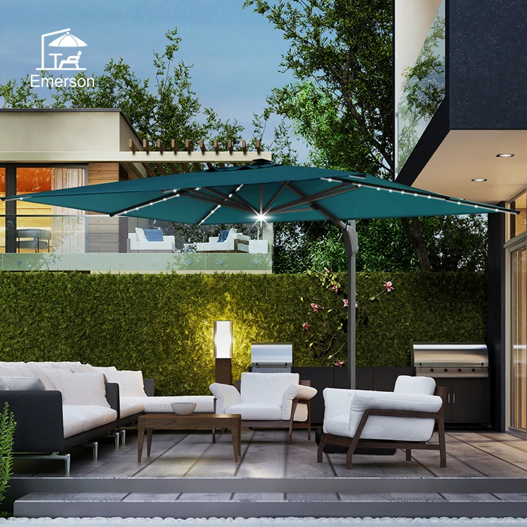 Heavy Duty Aluminum Solar Powered Deluxe Patio Cantilever Umbrella Large Roman Parasol Patio Umbrella Outdoor Umbrella