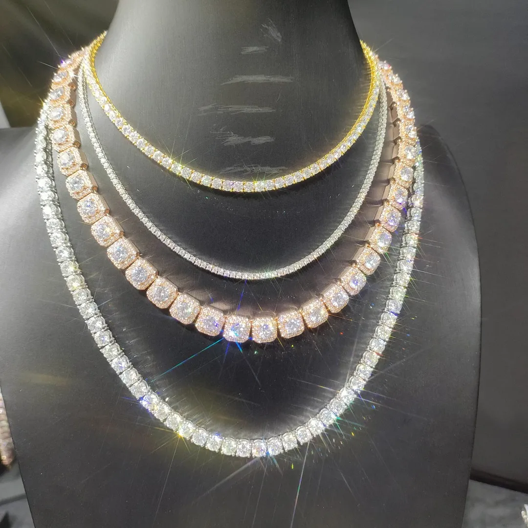 2023 New Design Iced Out Chain 2-10mm 925 Sterling Silver VVS Moissanite Lab Diamond Baguette Buckle Tennis Chain Necklace