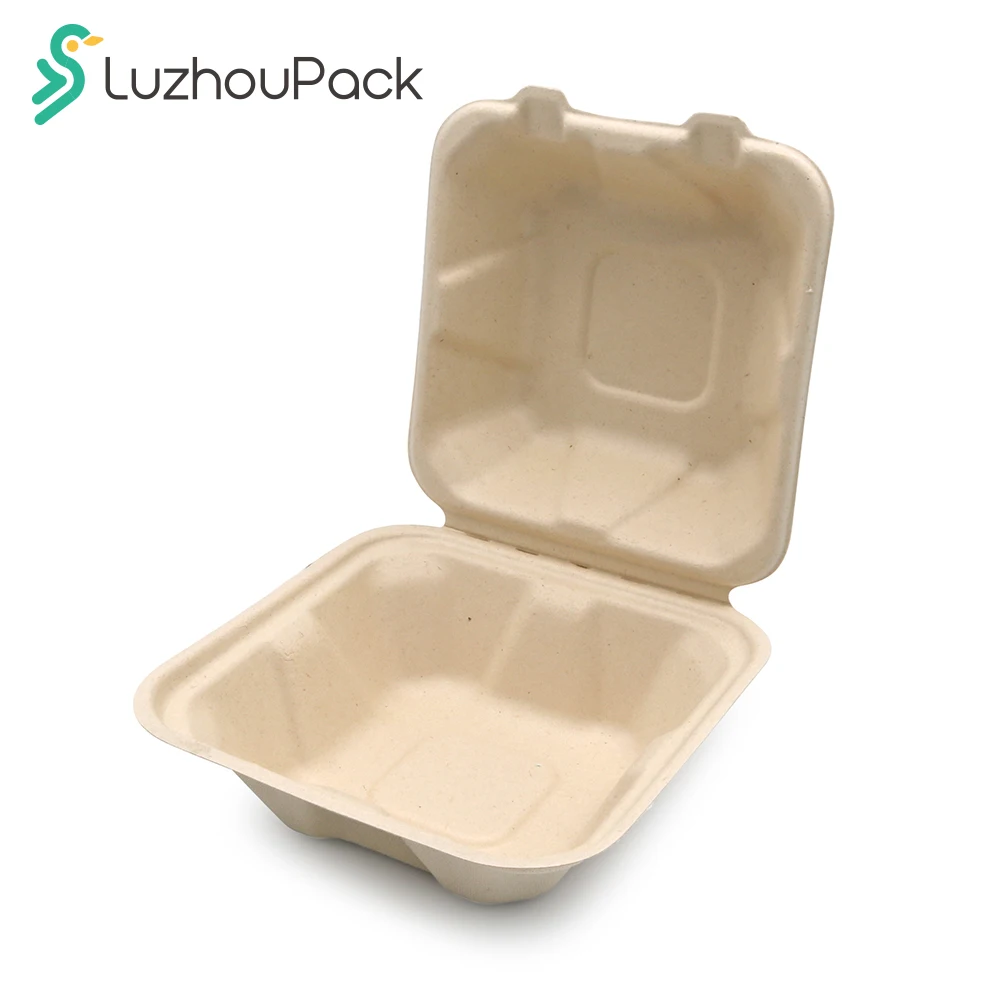 LuzhouPack Sugarcane 6 Inch Biodegradable Disposable Hamburger Container Paper Pulp Burger Box
