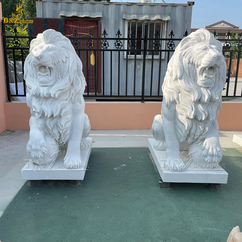 Natural White Marble Stone Hand Carved European Sculpture Lion Statue