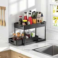 Kitchen Two-Layer Black Shelf Telescopic Sink Shelves Storage Rack