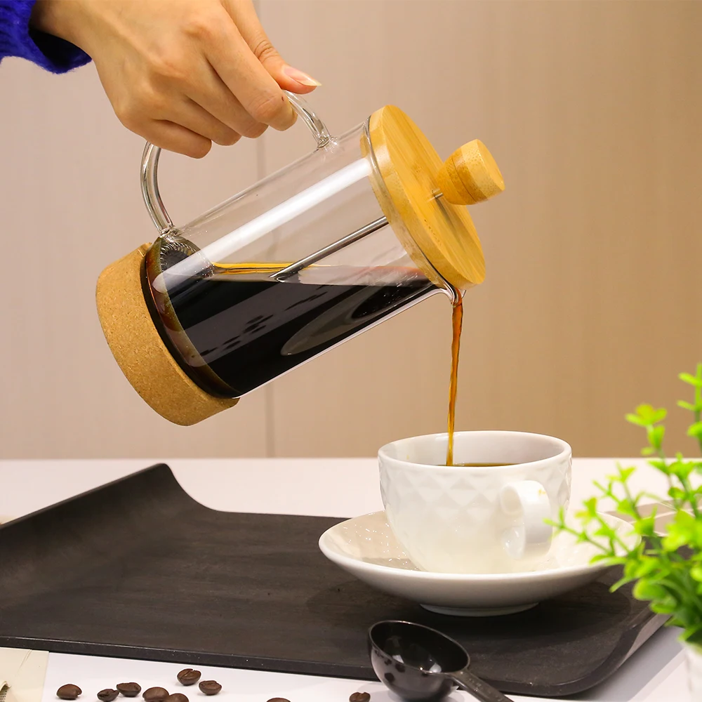 Durable Stainless Steel Heat Resistant New Style French press Bamboo Lid and Bottom Glass Coffee & Tea Pot