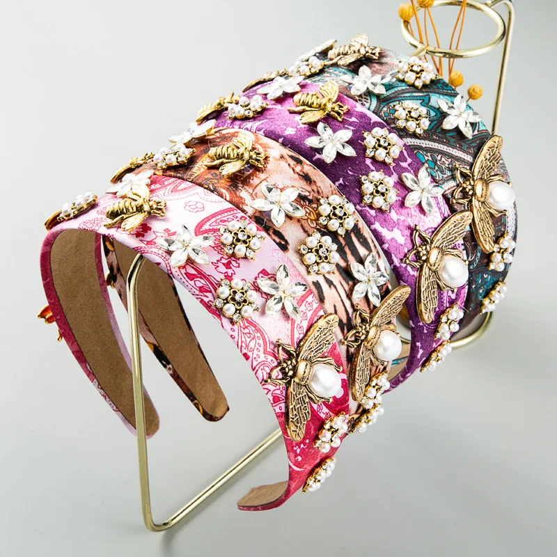 Wholesale Vintage Fashion Velvet Crown Tiara Summer Rhinestone Crystal Bee Pearl Flower Baroque Headband