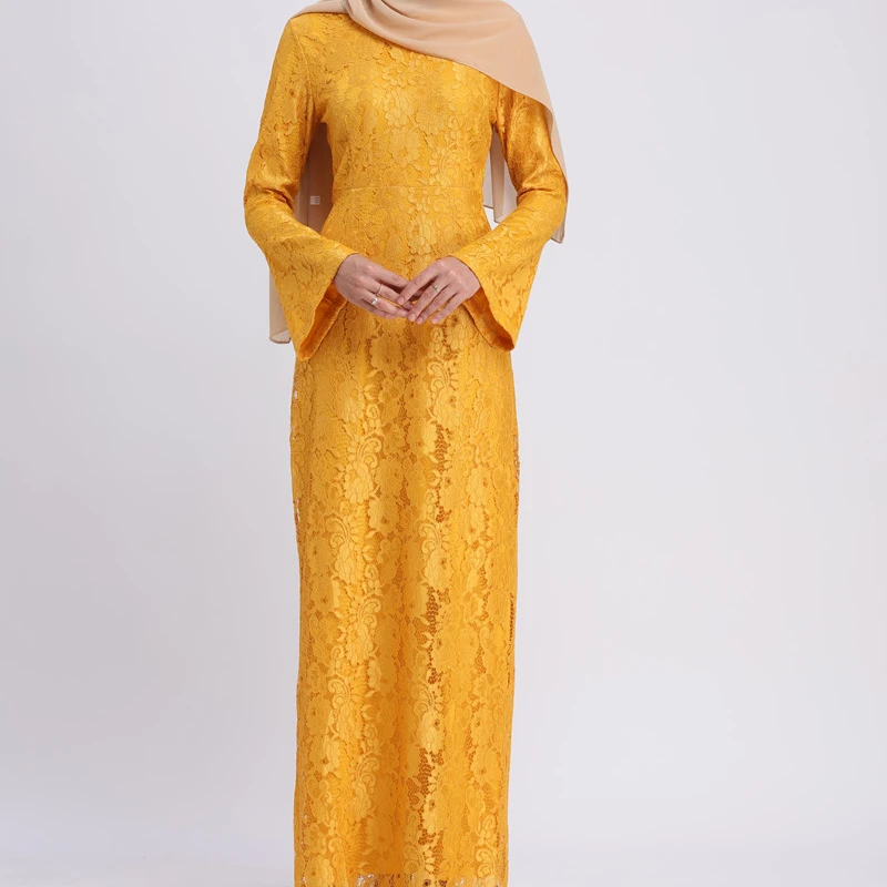 Islamic Clothing Abaya Jilbab High Quality Women Yellow Indonesian Muslim Dress Lace