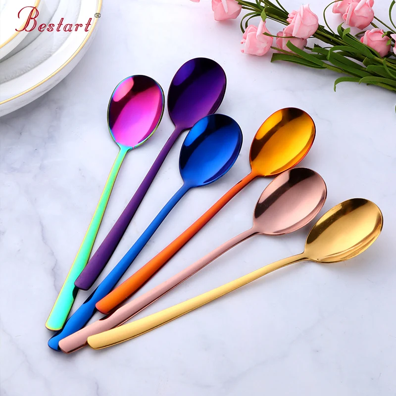 Дешевые цены красочные из нержавеющей стали ужин Рис Круглый столовые приборы набор столовых приборов ложка