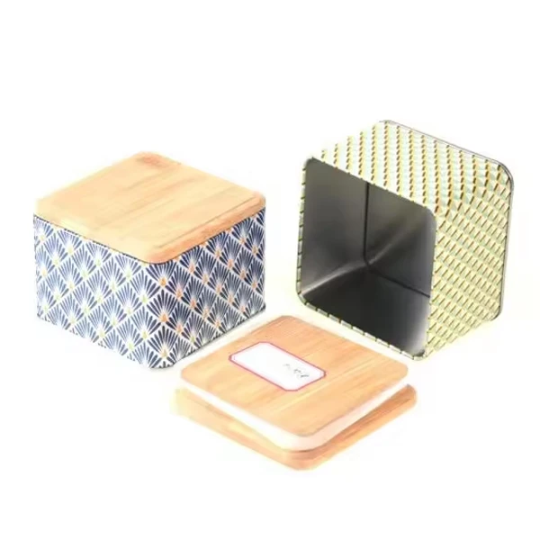 Custom airtight decorative loose leaf tea storage tin wholesale wooden top metal tea tin boxes with bamboo wood lid cover