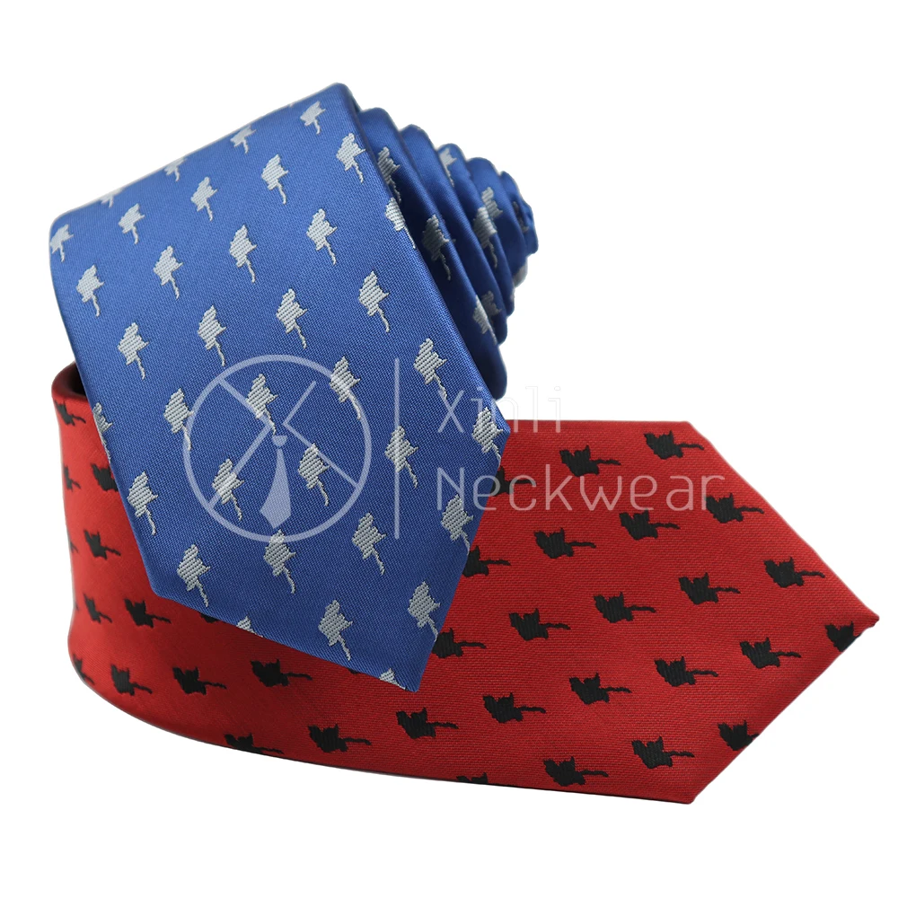 Manufacturer High Quality Red Blue Woven Necktie All Over Custom Map Logo Mens Formal Polyester Ties