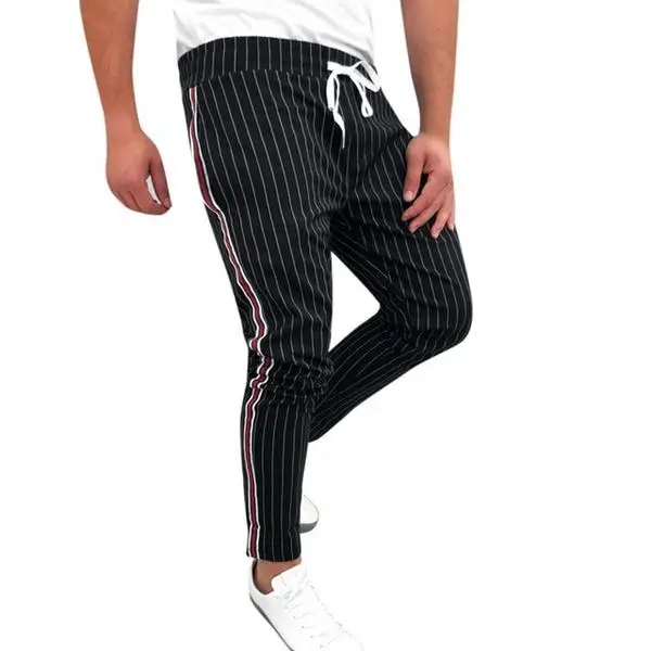 
man striped patchwork casual drawstring check pants 