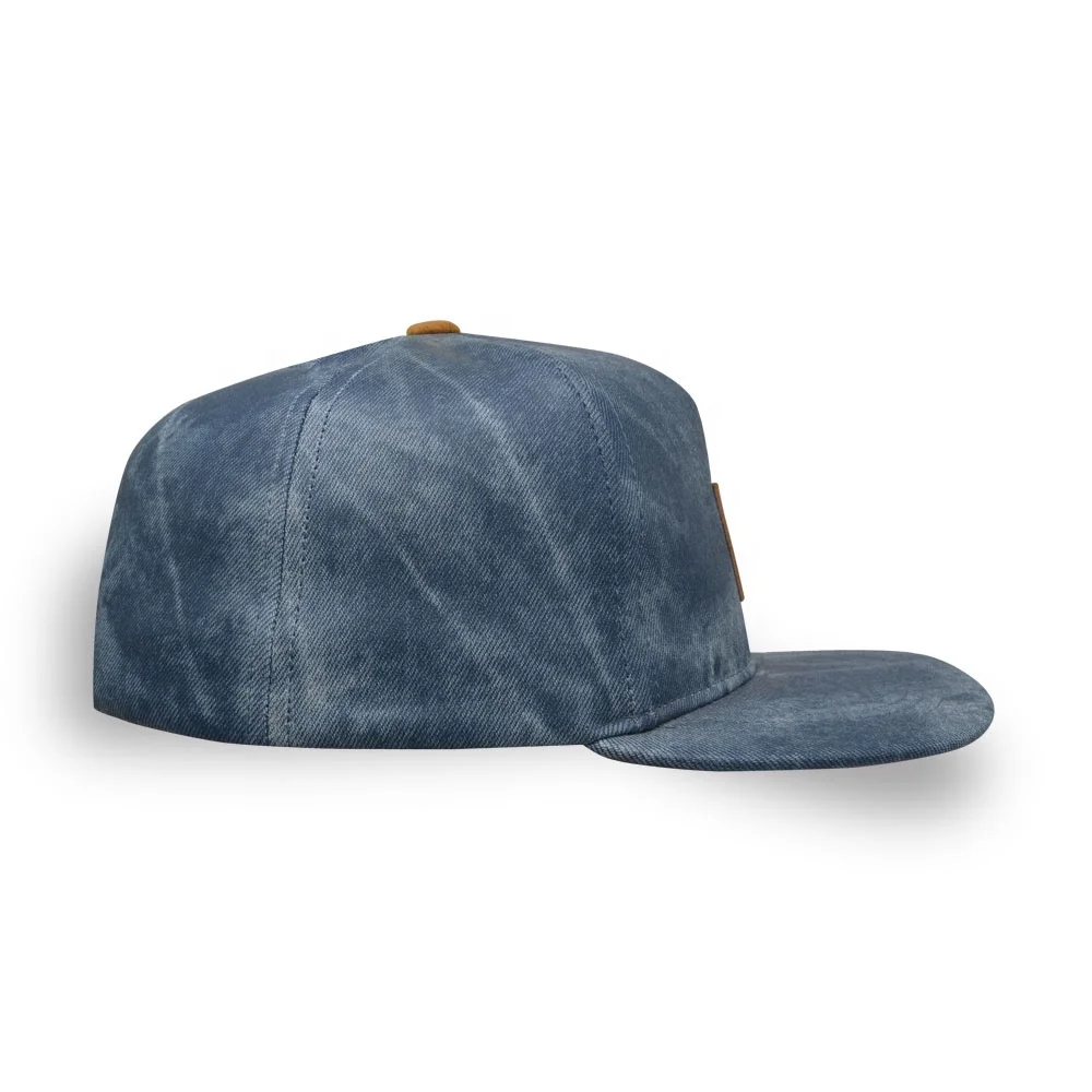 Hot sale denim PU leather patch embroidery snapback cap flat bill outdoor street cap